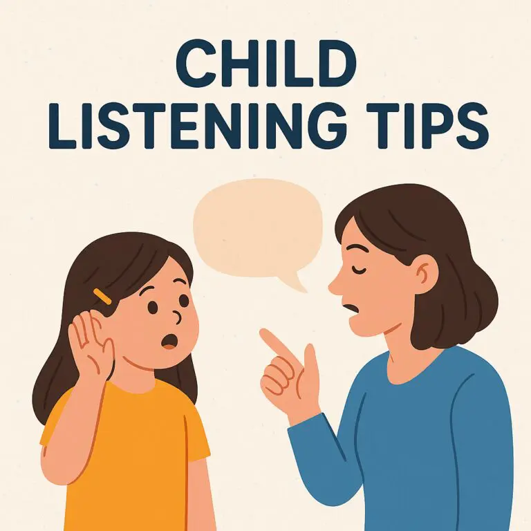 A picture of a woman talking to a child with the heading Child Listening Tips.