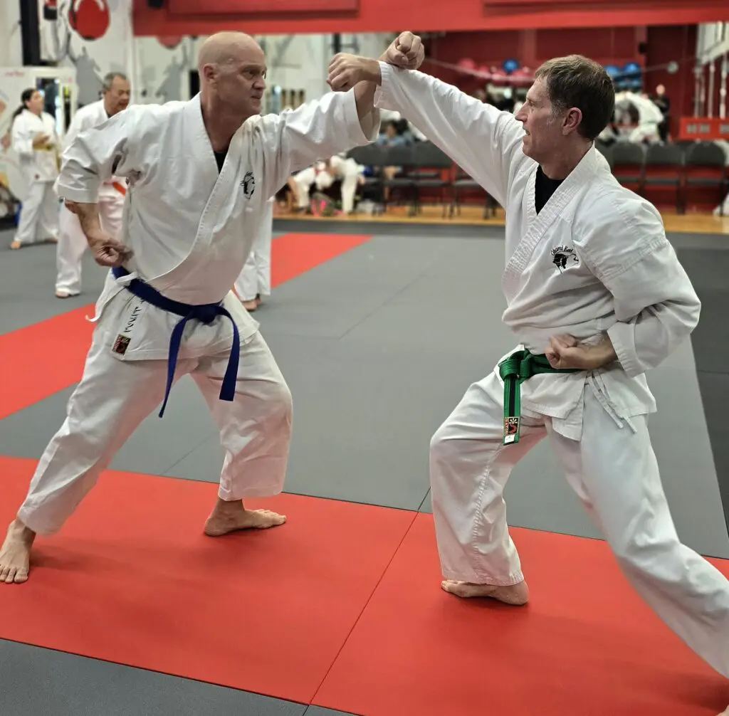 Two men working on a karate sparring drill.