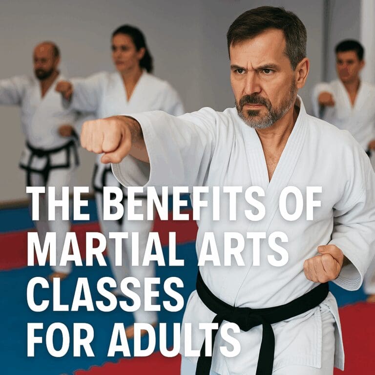A picture of adults doing karate with the words THE BENEFITS OF MARTIAL ARTS CLASSES FOR ADULTS written over it.