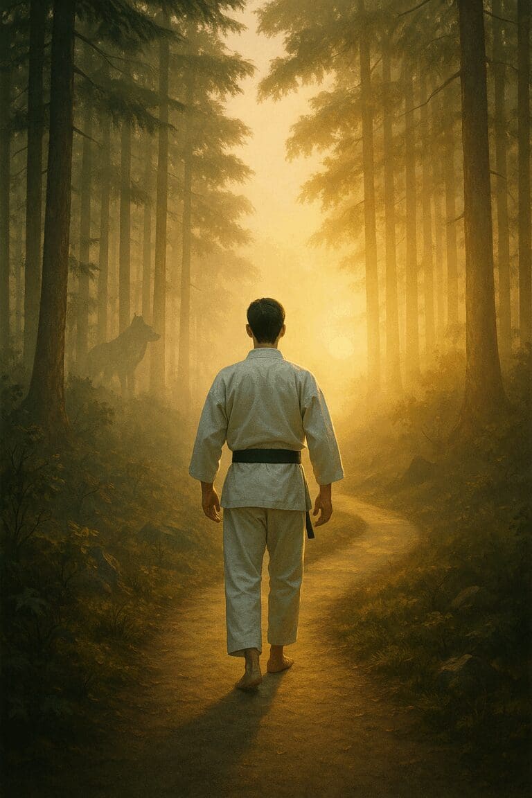 A photo of a Karate student walking down a path in a forest where a wolf is watching.