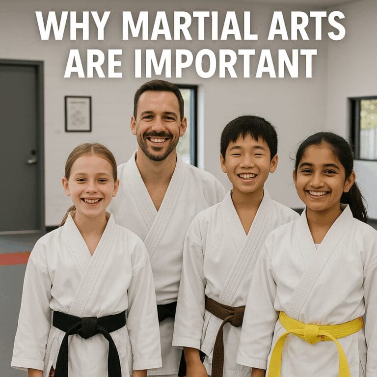 Smiling martial arts students of different ages and backgrounds standing together in a dojo, wearing uniforms and coloured belts, under the text "Why Martial Arts Are Important".