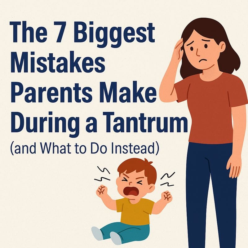 An image of a child having a temper tantrum and an upset mom. The title of the blog post "The 7 Biggest Mistakes Parents Make During a Tantrum (and What to Do Instead) is also written.
