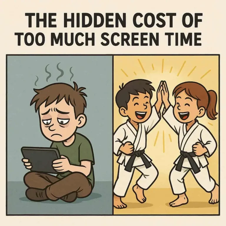 A picture of a sad boy using a tablet beside two karate students giving each other a high five.