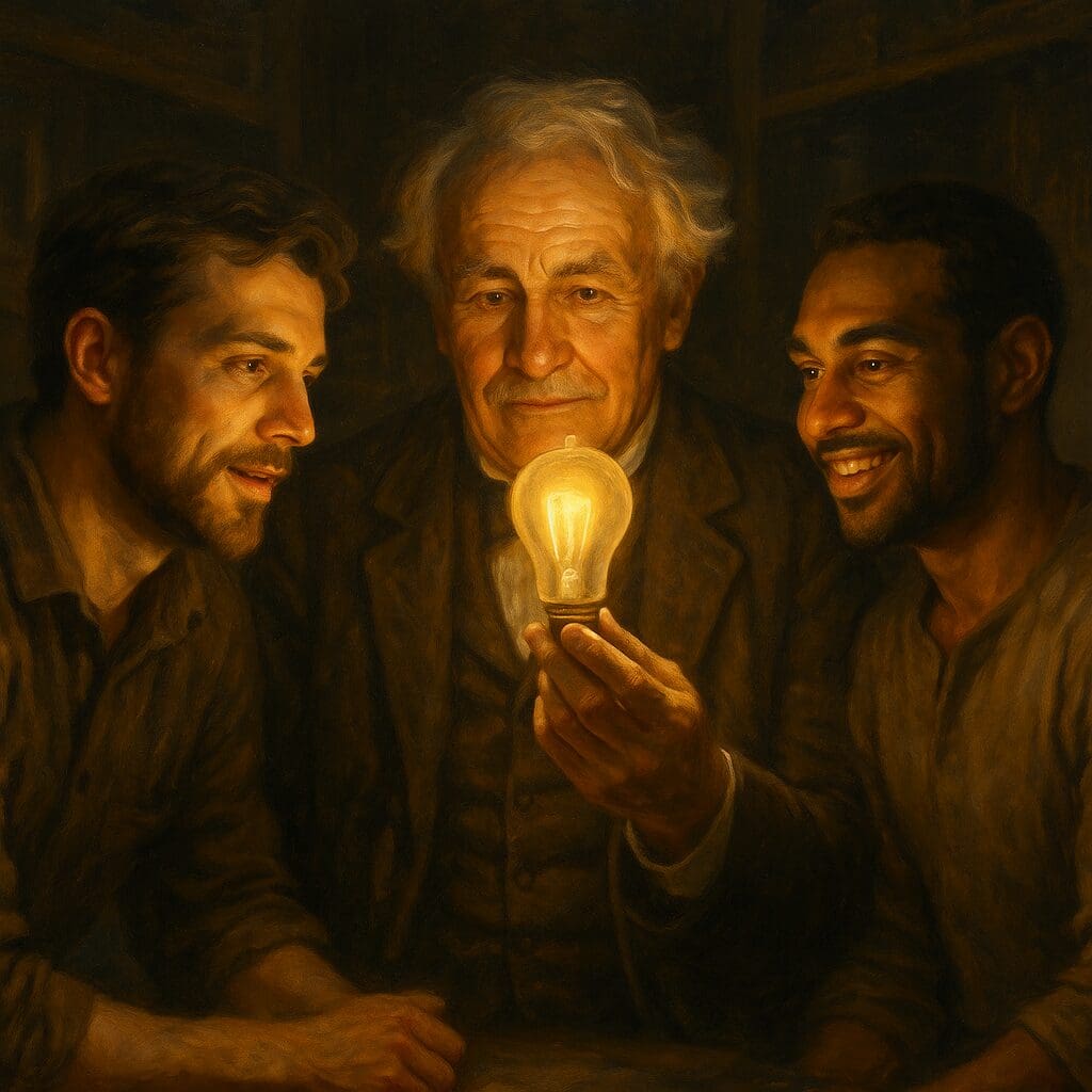 A picture of three men looking at a lightbulb. Based on the blog, it's assumed the man in the middle is Thomas Edison.