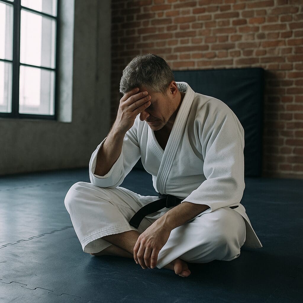 A middle-aged martial artist in a white gi with a black belt sits on the dojo mat in quiet reflection, hand resting on his forehead. The soft natural light and worn training space emphasize the theme of struggle, growth, and perseverance in martial arts and fitness.