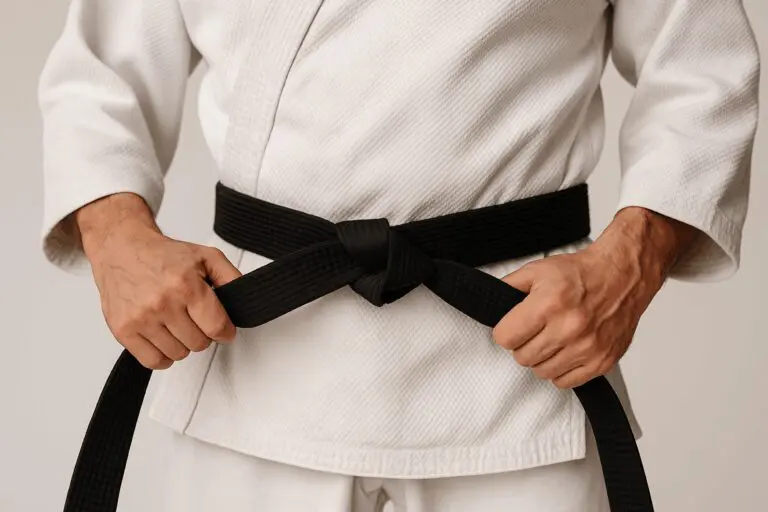 Close-up of a martial artist tying a black belt at Okami Kai Martial Arts & Fitness in Uxbridge, symbolizing consistency, discipline, and identity in training.