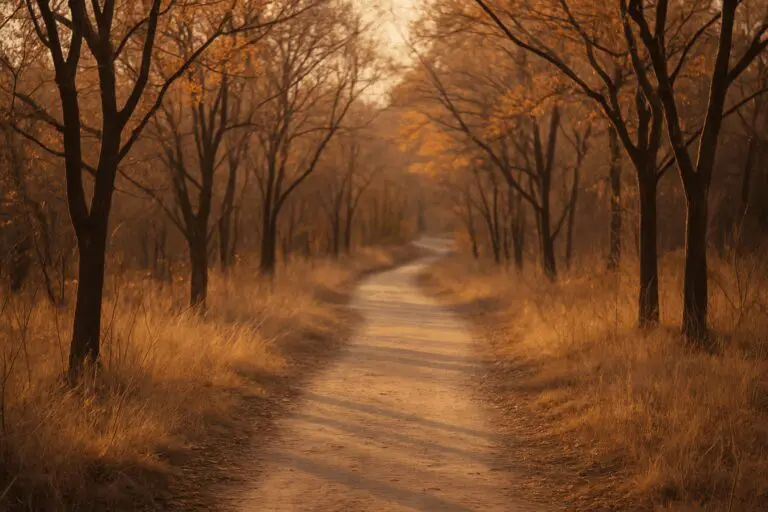 A quiet dirt trail winding through warm autumn trees, symbolizing personal growth, transformation, and the choice to change direction.