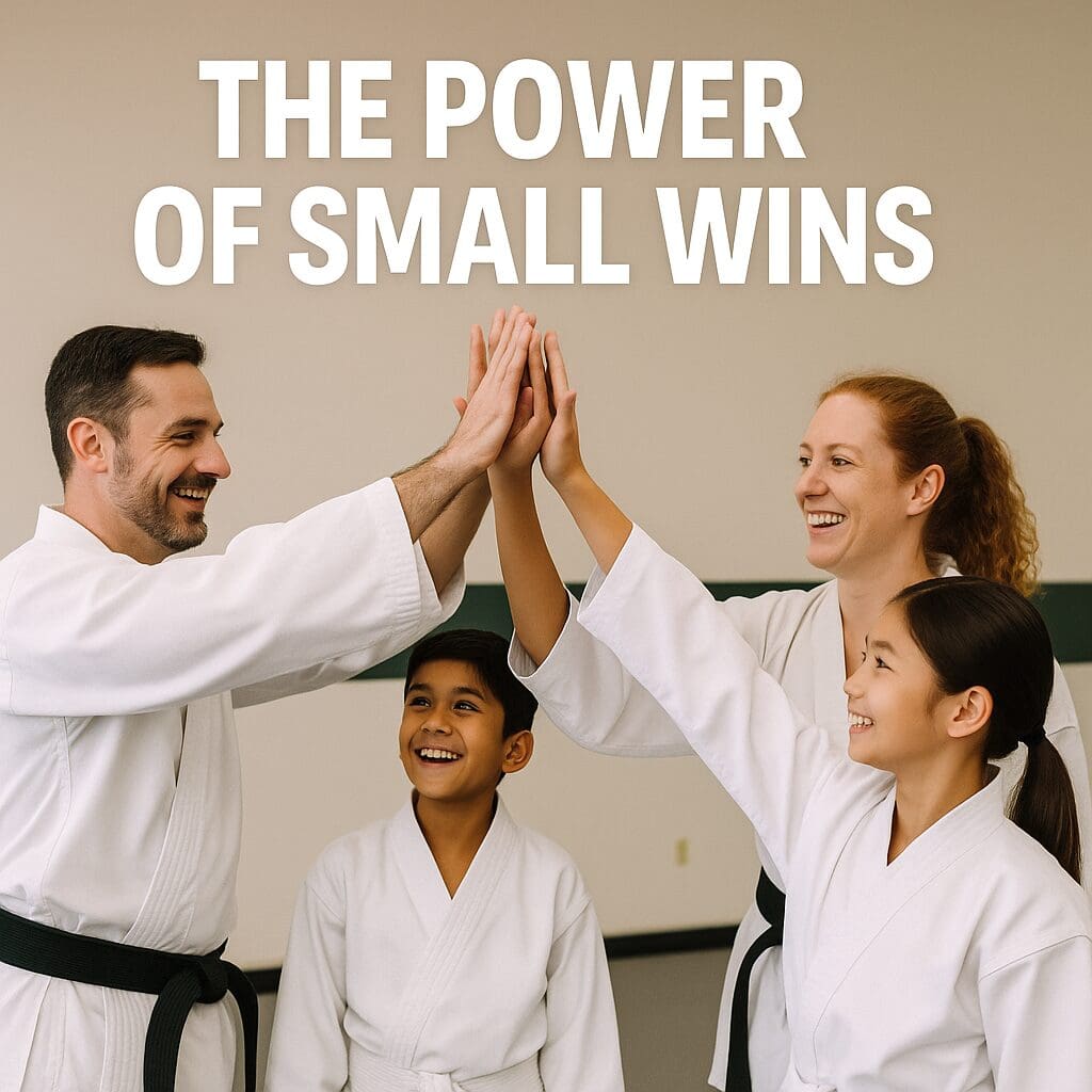 Martial arts students of different ages smiling together after class, representing the Okami Kai philosophy of small wins, teamwork, and steady progress.