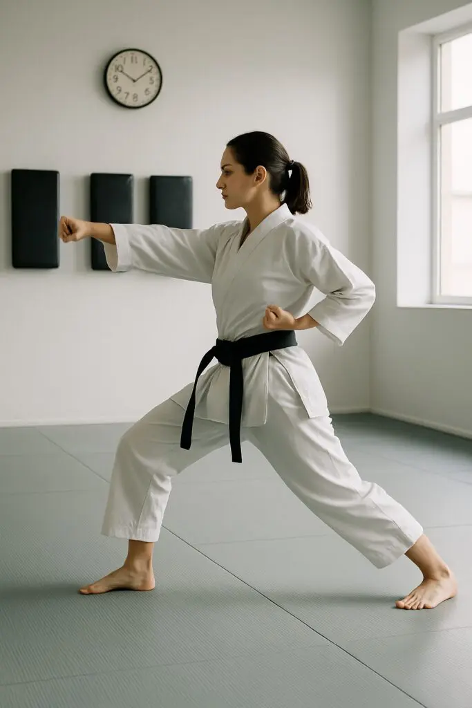 Martial arts student practicing a focused stance in a bright dojo, representing discipline, confidence, and the behaviour change benefits of structured martial arts training.