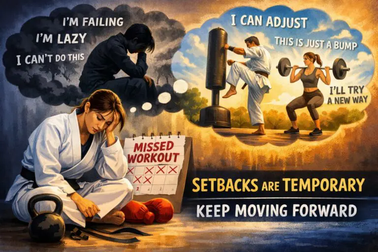 A martial arts student sitting on the gym floor after a missed workout, contrasted with athletes training confidently, illustrating how mindset and self-talk affect consistency and progress.