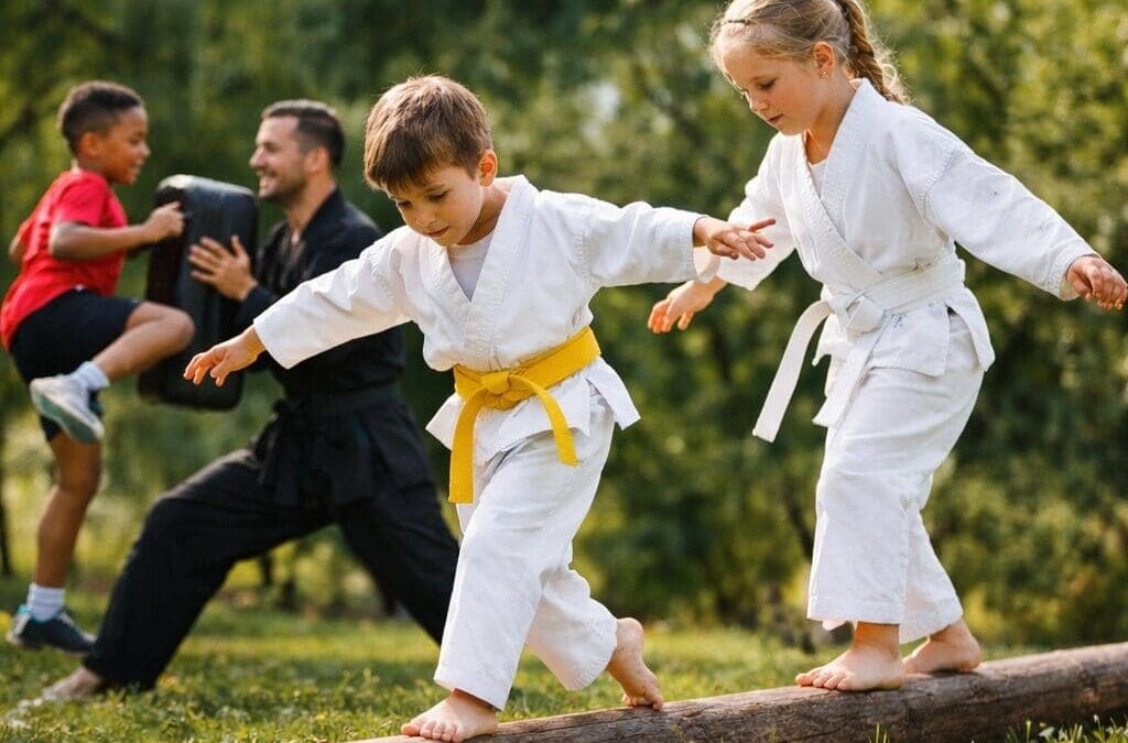 Children practicing balance and coordination during a martial arts class, developing body awareness and posture through movement.