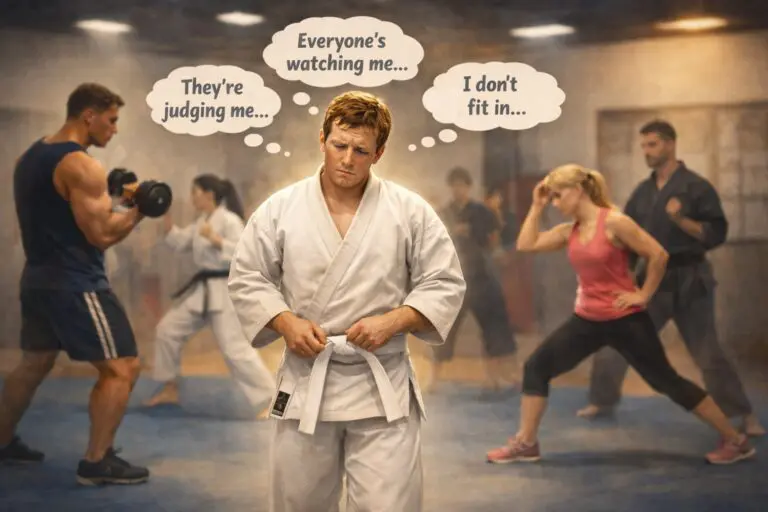 Karate student in a dojo adjusting their belt while feeling self conscious as other students focus on their own training