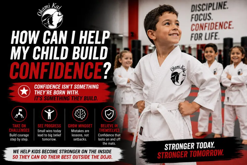 Child building confidence during a martial arts class at Okami Kai Martial Arts & Fitness in Uxbridge, Ontario.