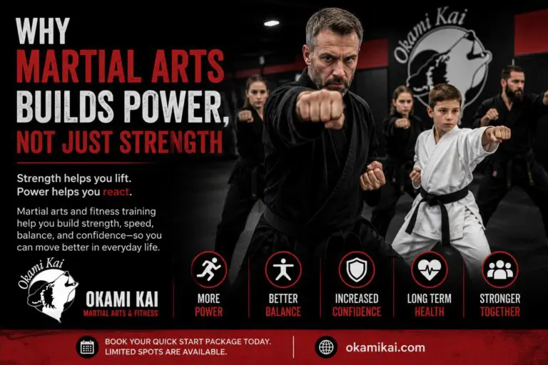 Adult and youth martial arts students training power, balance, and confidence at Okami Kai Martial Arts and Fitness.