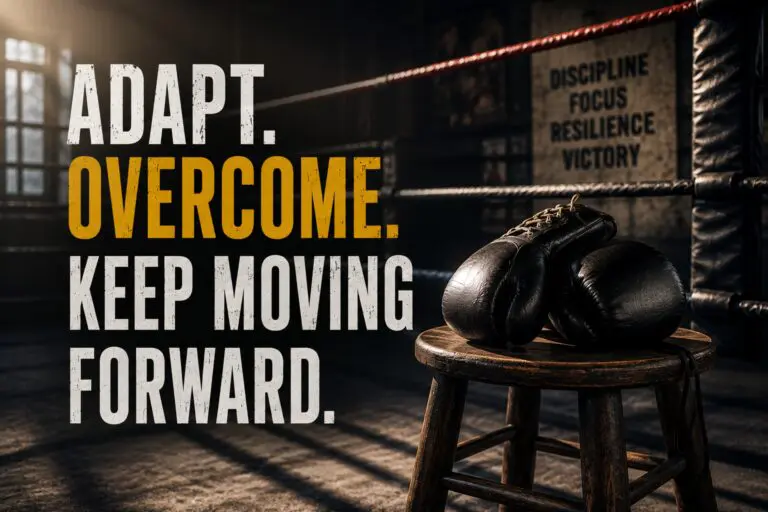 Empty boxing ring with worn gloves resting on a stool beside the words &ldquo;Adapt. Overcome. Keep Moving Forward.&rdquo;
