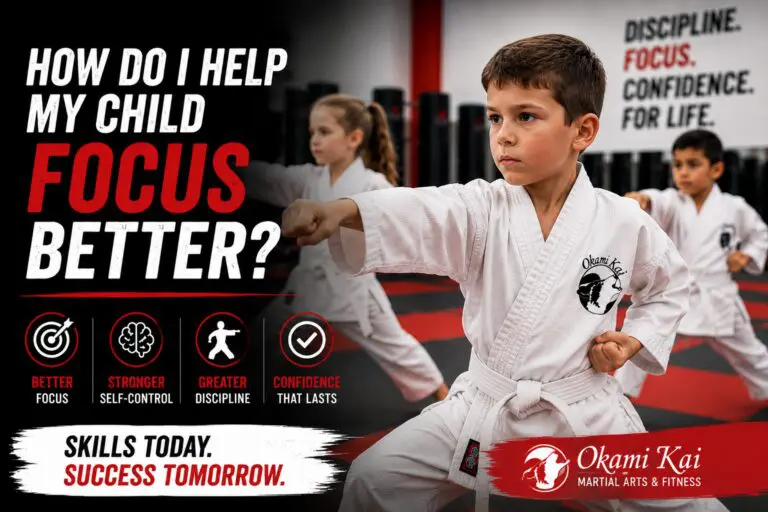 Child practising focus and self-control during a martial arts class at Okami Kai in Uxbridge, Ontario.