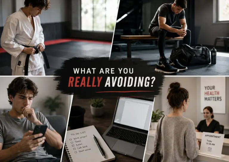 Collage showing procrastination around martial arts, fitness, an important phone call, work tasks, and a medical appointment.