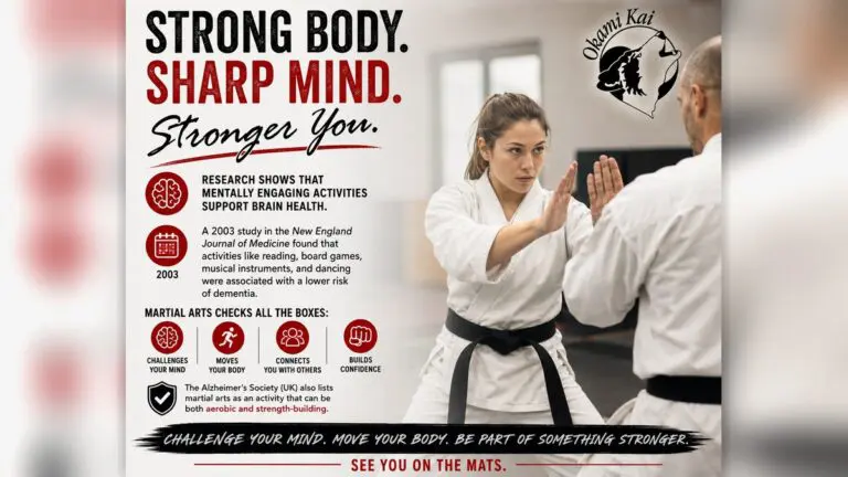 Martial arts students training at Okami Kai, highlighting how movement, focus, learning, and community support brain health.