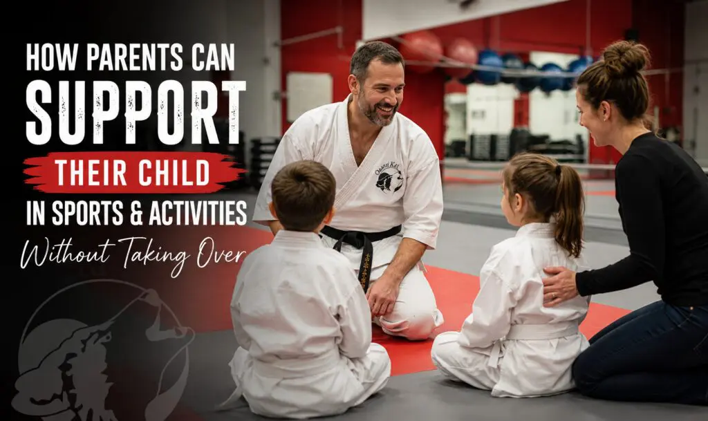 Parent supporting two children during a martial arts class with their instructor at Okami Kai in Uxbridge.